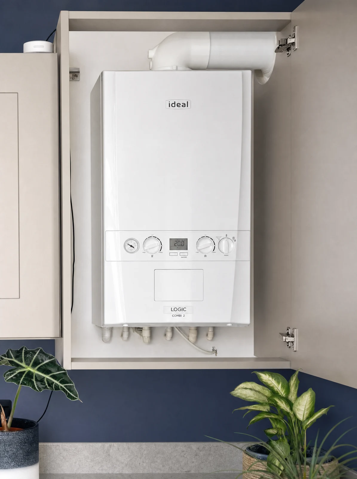 Reference-based illustration of a closed boiler in a cupboard