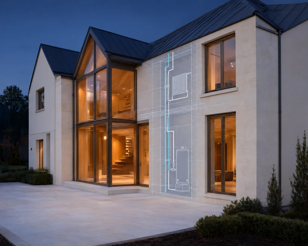 Illustrative luxury home with a subtle plumbing blueprint overlay