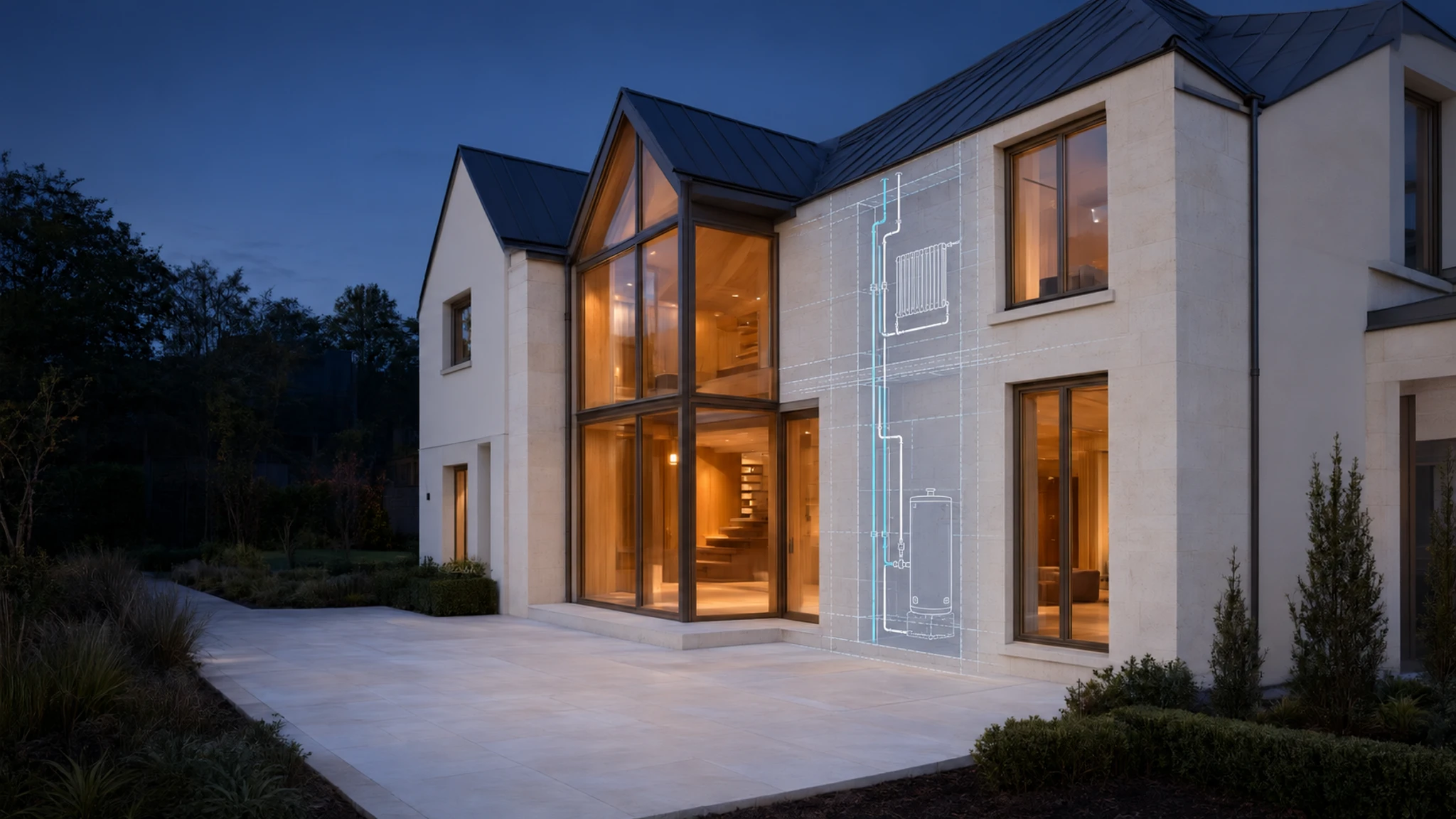 Illustrative luxury home at dusk with a subtle blueprint overlay of concealed plumbing